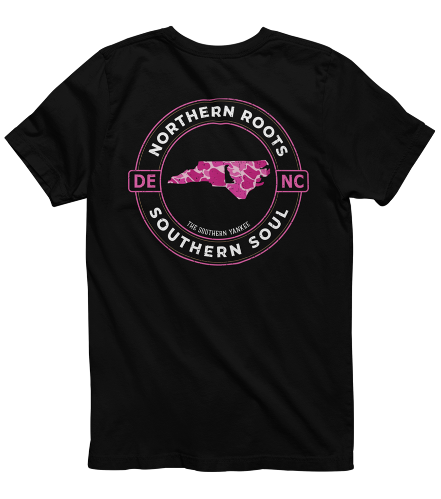 North Carolina with Delaware Roots Pink Camo Tee