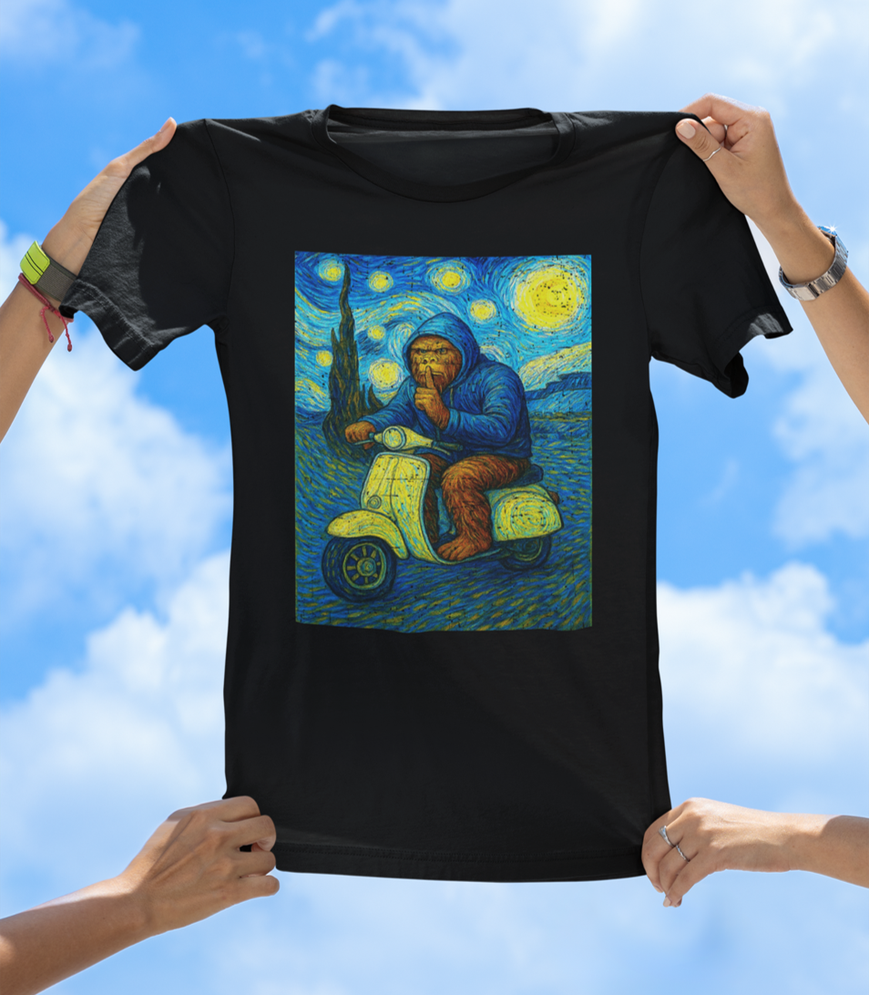 Bigfoot Starry Night Ride T-Shirt | Surreal Sasquatch Art Tee