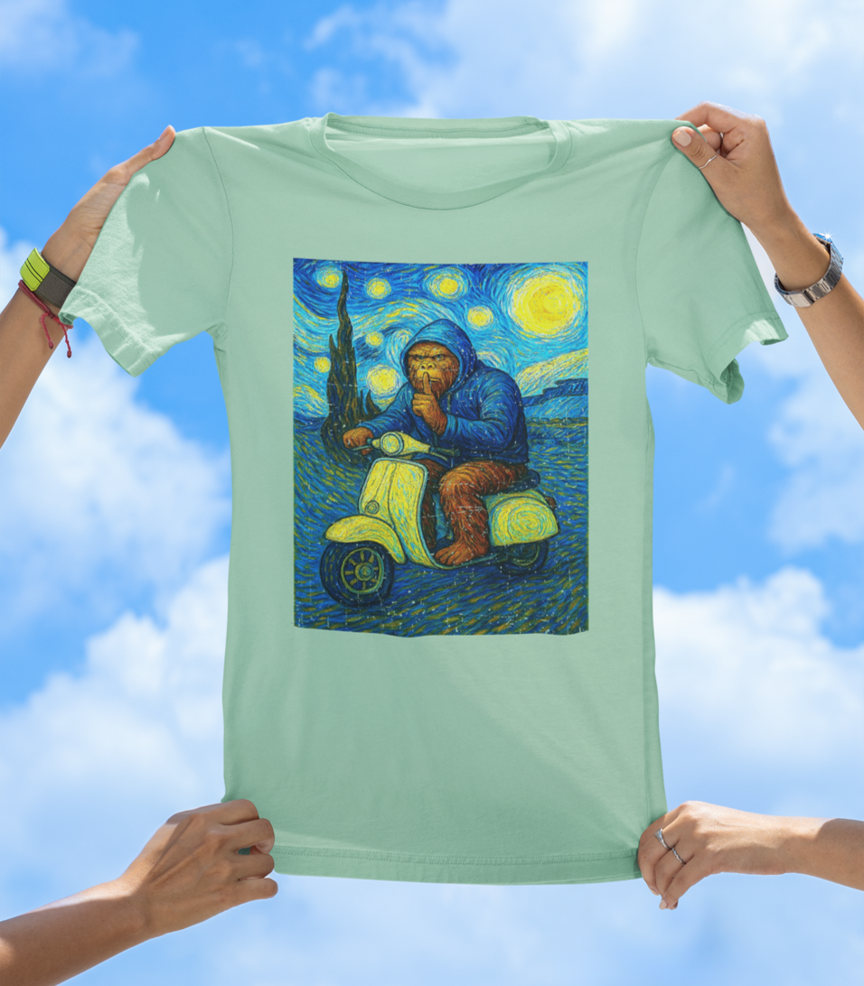 Bigfoot Starry Night Ride T-Shirt | Surreal Sasquatch Art Tee