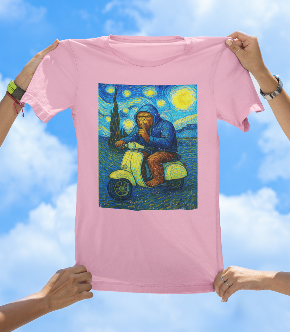 Bigfoot Starry Night Ride T-Shirt | Surreal Sasquatch Art Tee