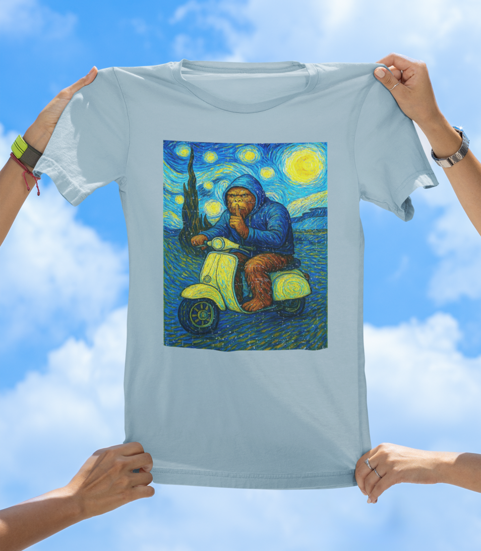 Bigfoot Starry Night Ride T-Shirt | Surreal Sasquatch Art Tee