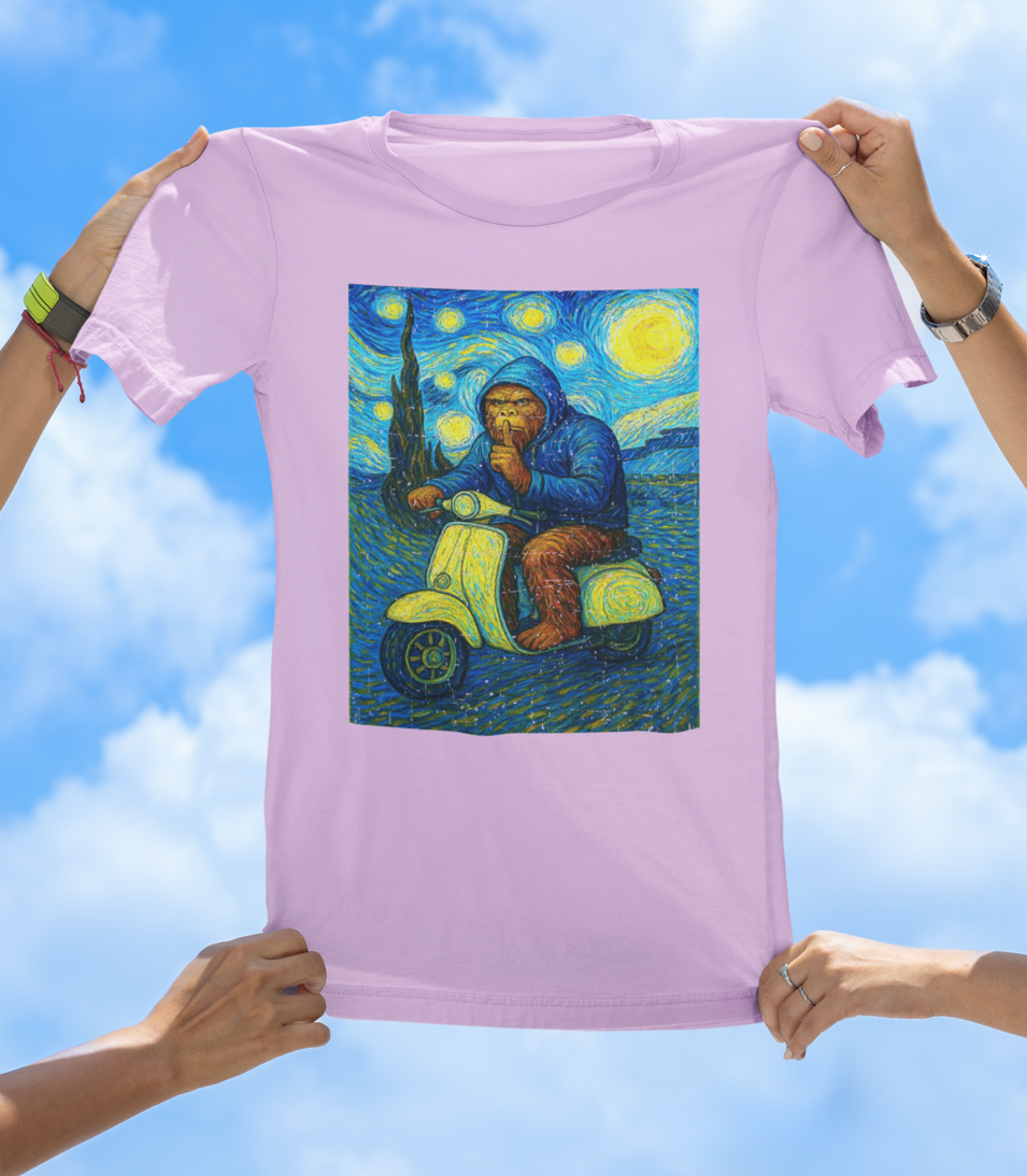 Bigfoot Starry Night Ride T-Shirt | Surreal Sasquatch Art Tee