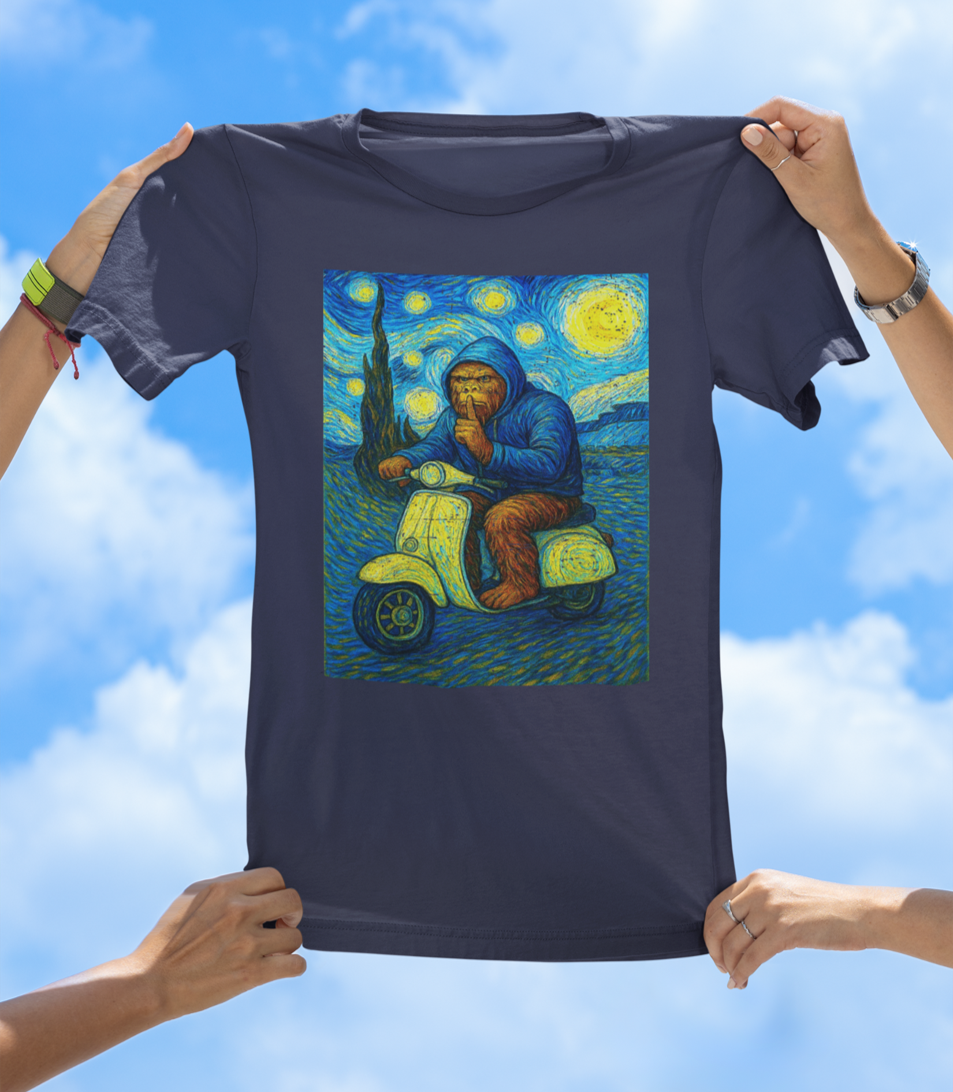 Bigfoot Starry Night Ride T-Shirt | Surreal Sasquatch Art Tee