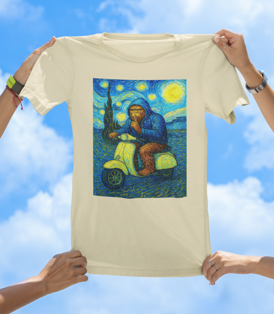 Bigfoot Starry Night Ride T-Shirt | Surreal Sasquatch Art Tee