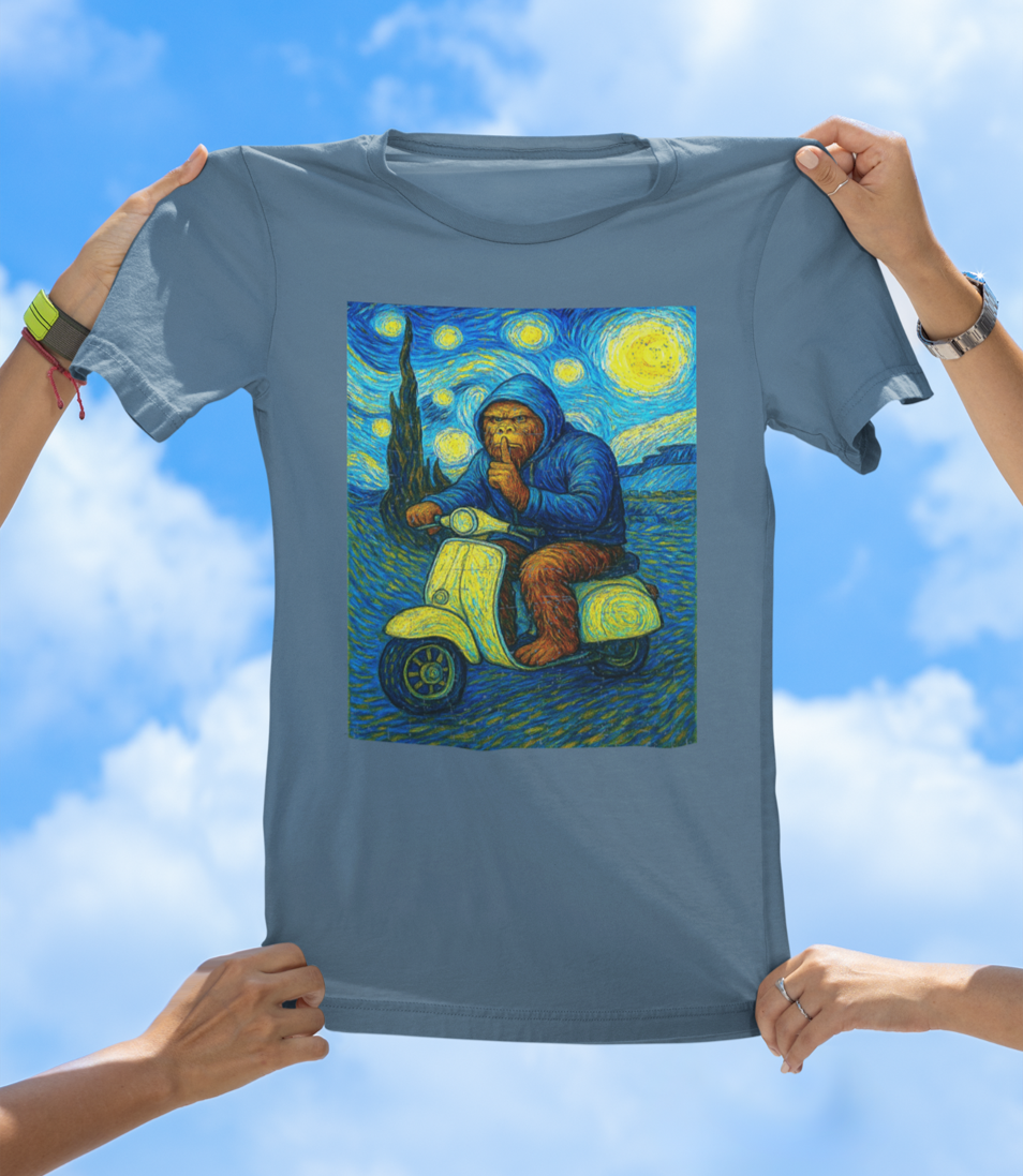 Bigfoot Starry Night Ride T-Shirt | Surreal Sasquatch Art Tee