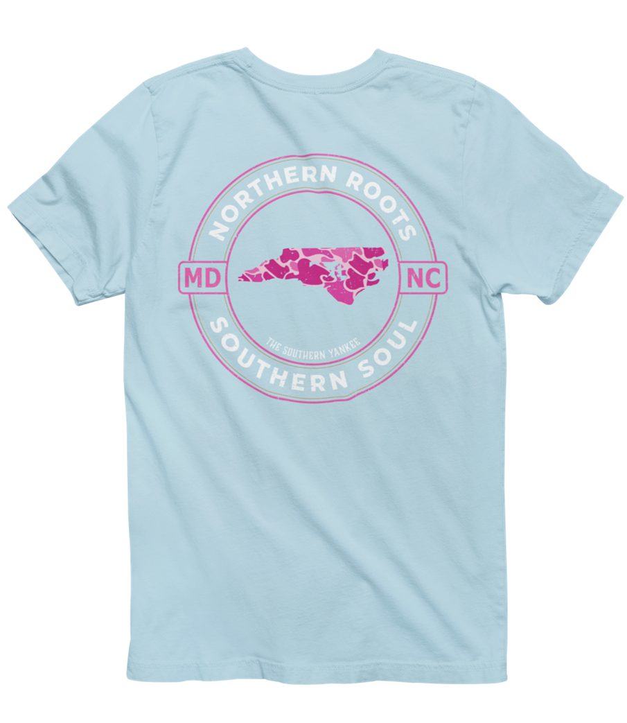 North Carolina with Maryland Roots Pink Camo Tee