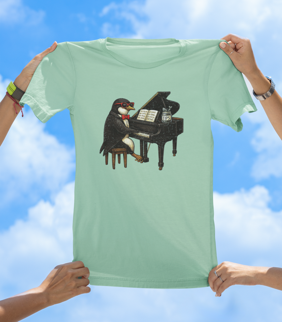 Penguin Playing Piano T-Shirt – Funny Music Lover Graphic Tee