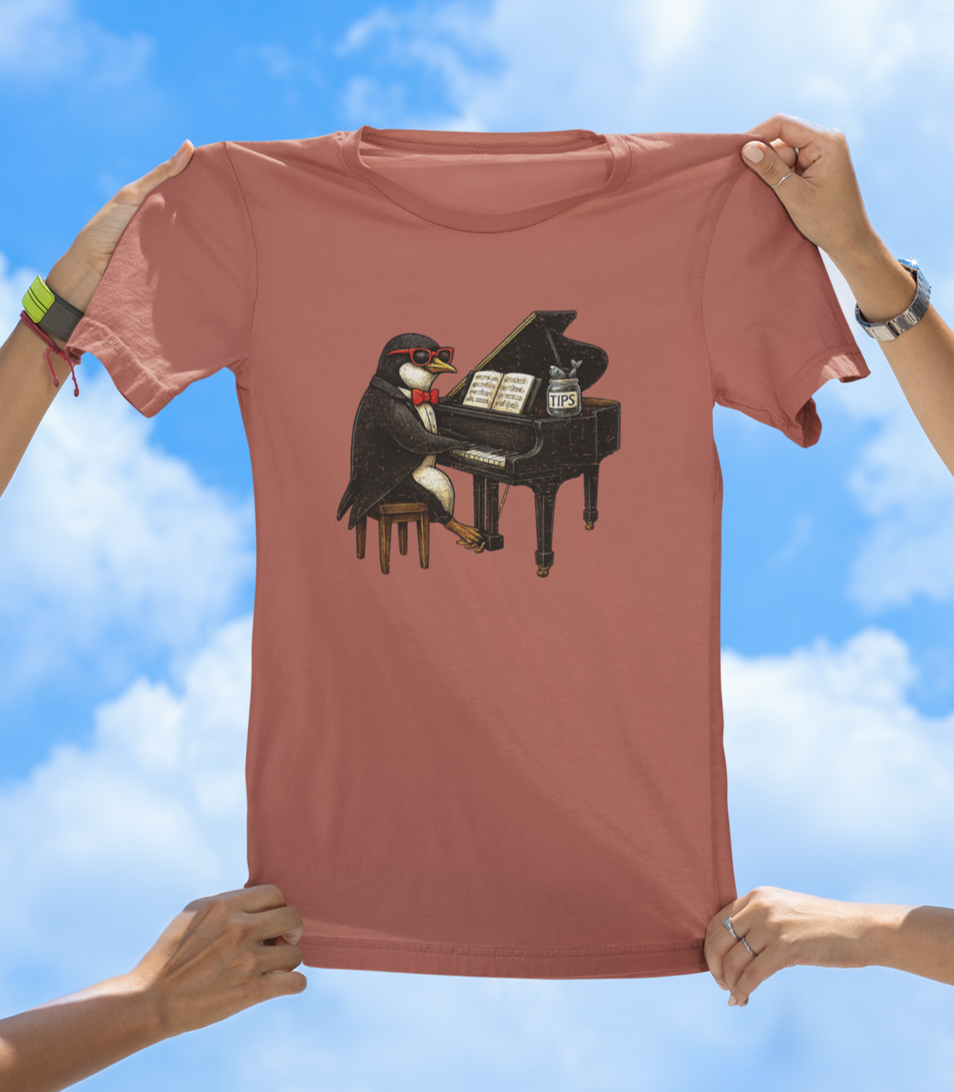 Penguin Playing Piano T-Shirt – Funny Music Lover Graphic Tee