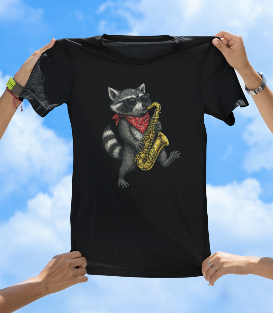Raccoon Playing Saxophone T-Shirt | Cool Hand-Drawn Animal Jazz Tee - The Southern Yankee