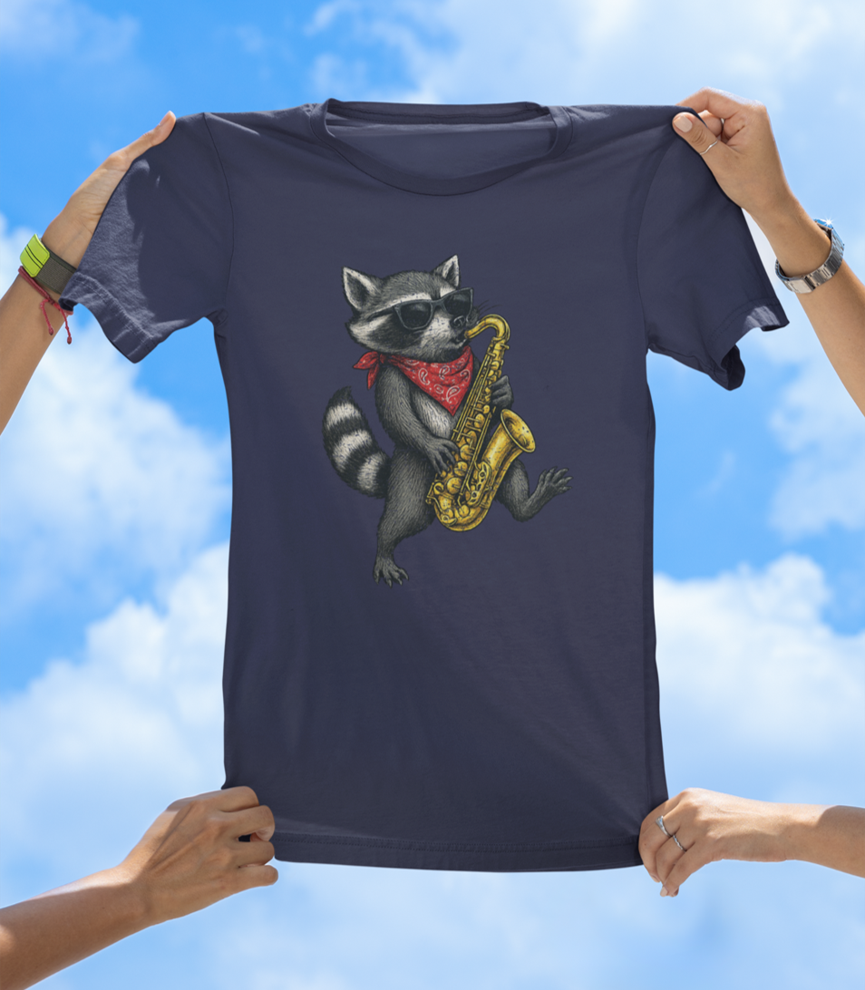 Raccoon Playing Saxophone T-Shirt | Cool Hand-Drawn Animal Jazz Tee - The Southern Yankee