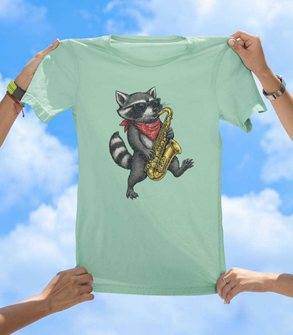Raccoon Playing Saxophone T-Shirt | Cool Hand-Drawn Animal Jazz Tee - The Southern Yankee