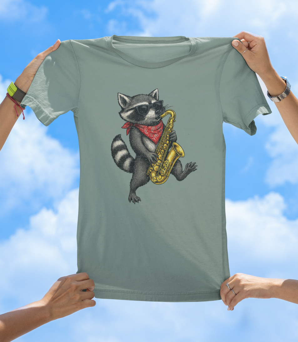 Raccoon Playing Saxophone T-Shirt | Cool Hand-Drawn Animal Jazz Tee - The Southern Yankee