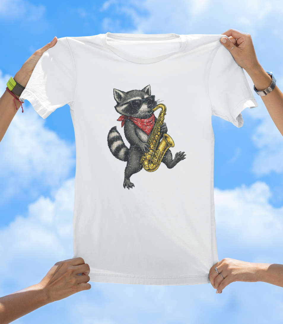 Raccoon Playing Saxophone T-Shirt | Cool Hand-Drawn Animal Jazz Tee - The Southern Yankee