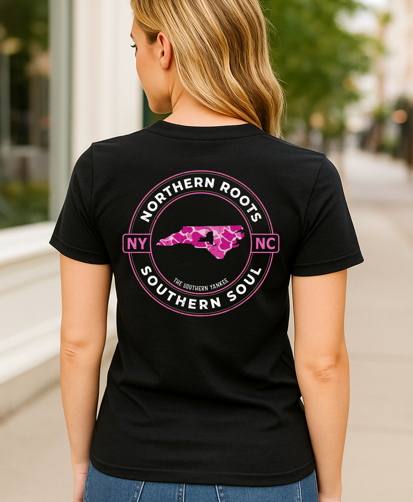 North Carolina with New York Roots Pink Camo Tee - The Southern Yankee