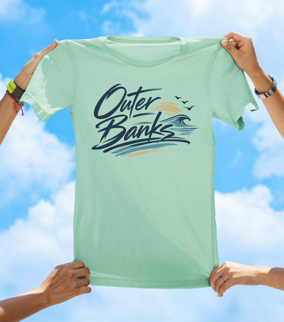 Outer Banks Script Wave Tee – Coastal North Carolina Beach Shirt