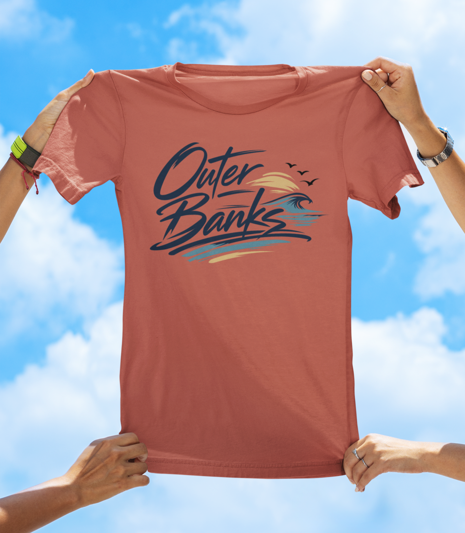 Outer Banks Script Wave Tee – Coastal North Carolina Beach Shirt