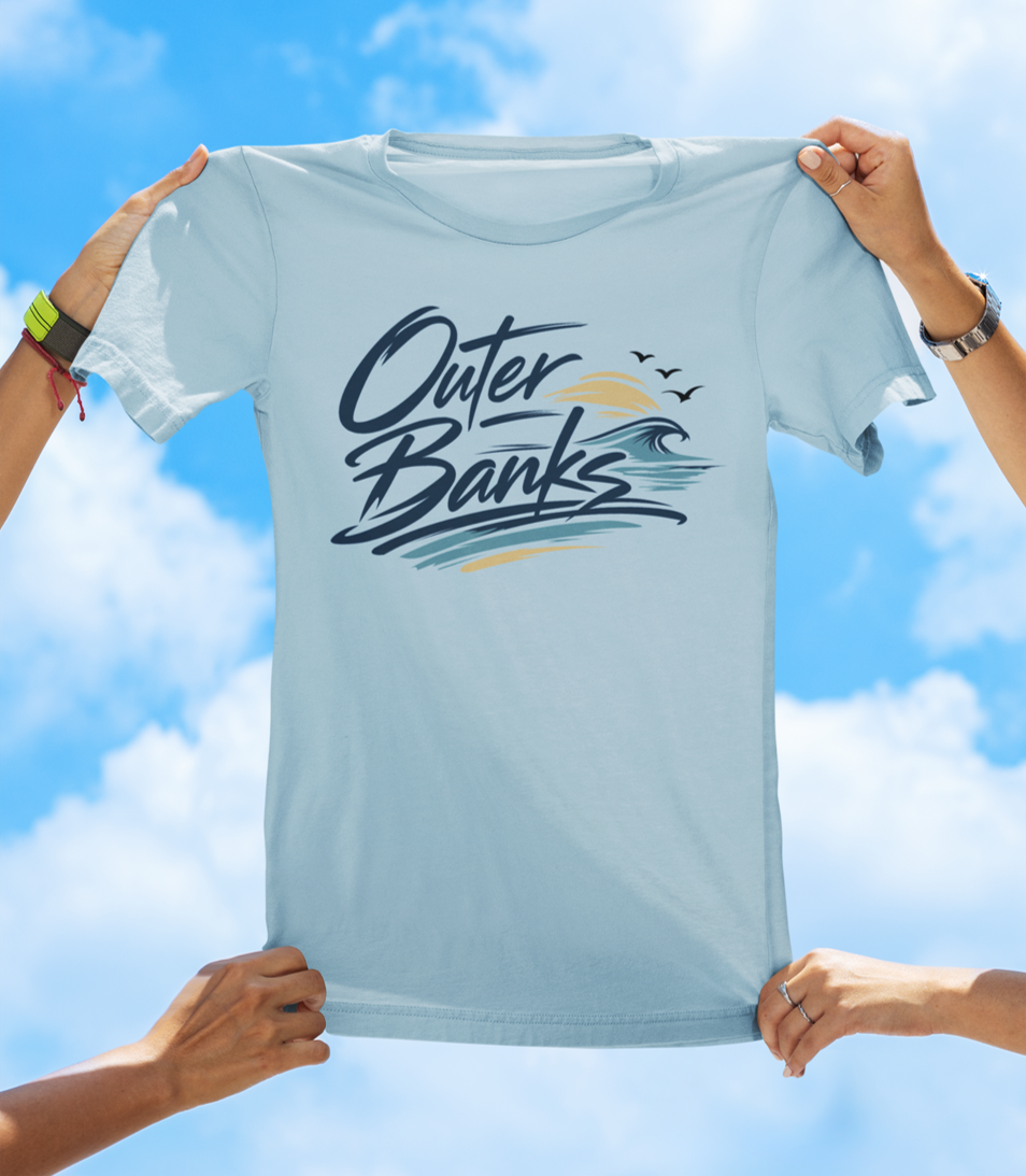 Outer Banks Script Wave Tee – Coastal North Carolina Beach Shirt