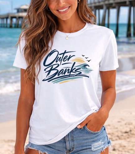 Outer Banks Script Wave Tee – Coastal North Carolina Beach Shirt