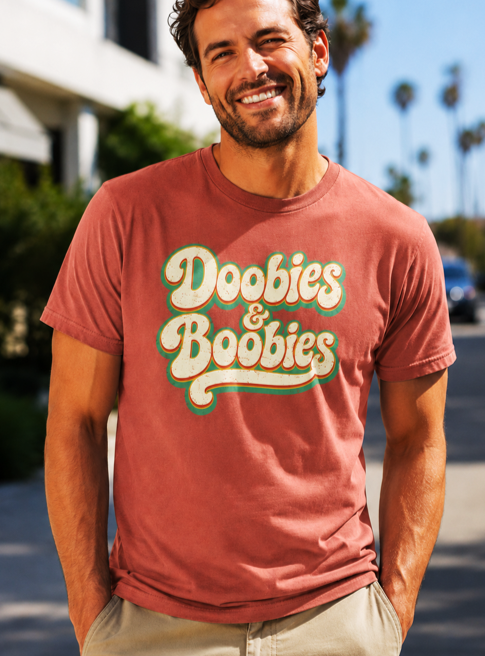 Doobies & Boobies T-Shirt – Retro Text Funny Graphic Tee