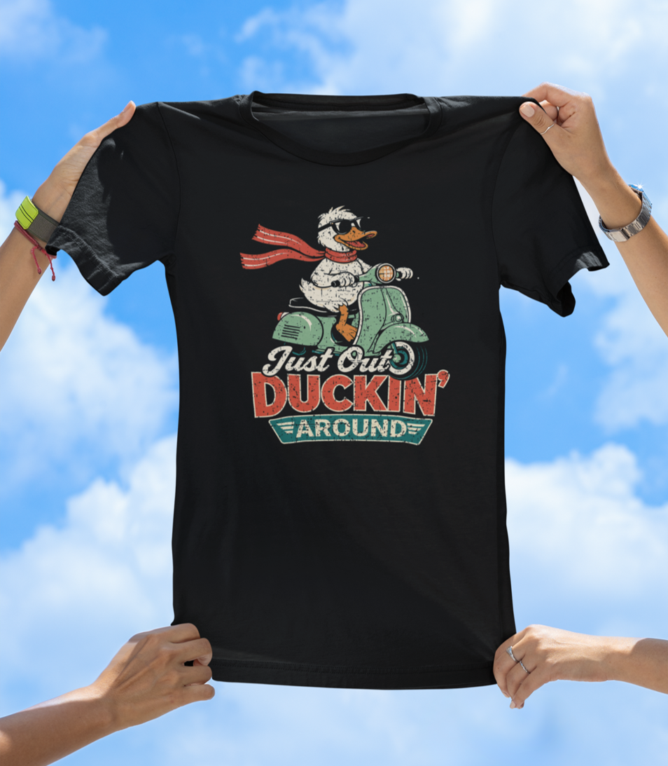 Just Out Duckin’ Around T-Shirt – Funny Duck Scooter Graphic Tee