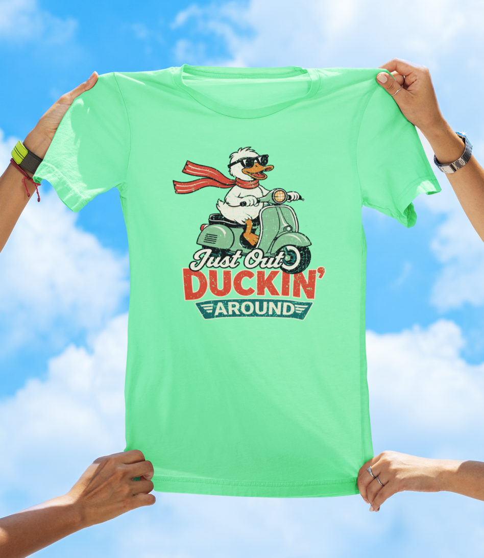 Just Out Duckin’ Around T-Shirt – Funny Duck Scooter Graphic Tee