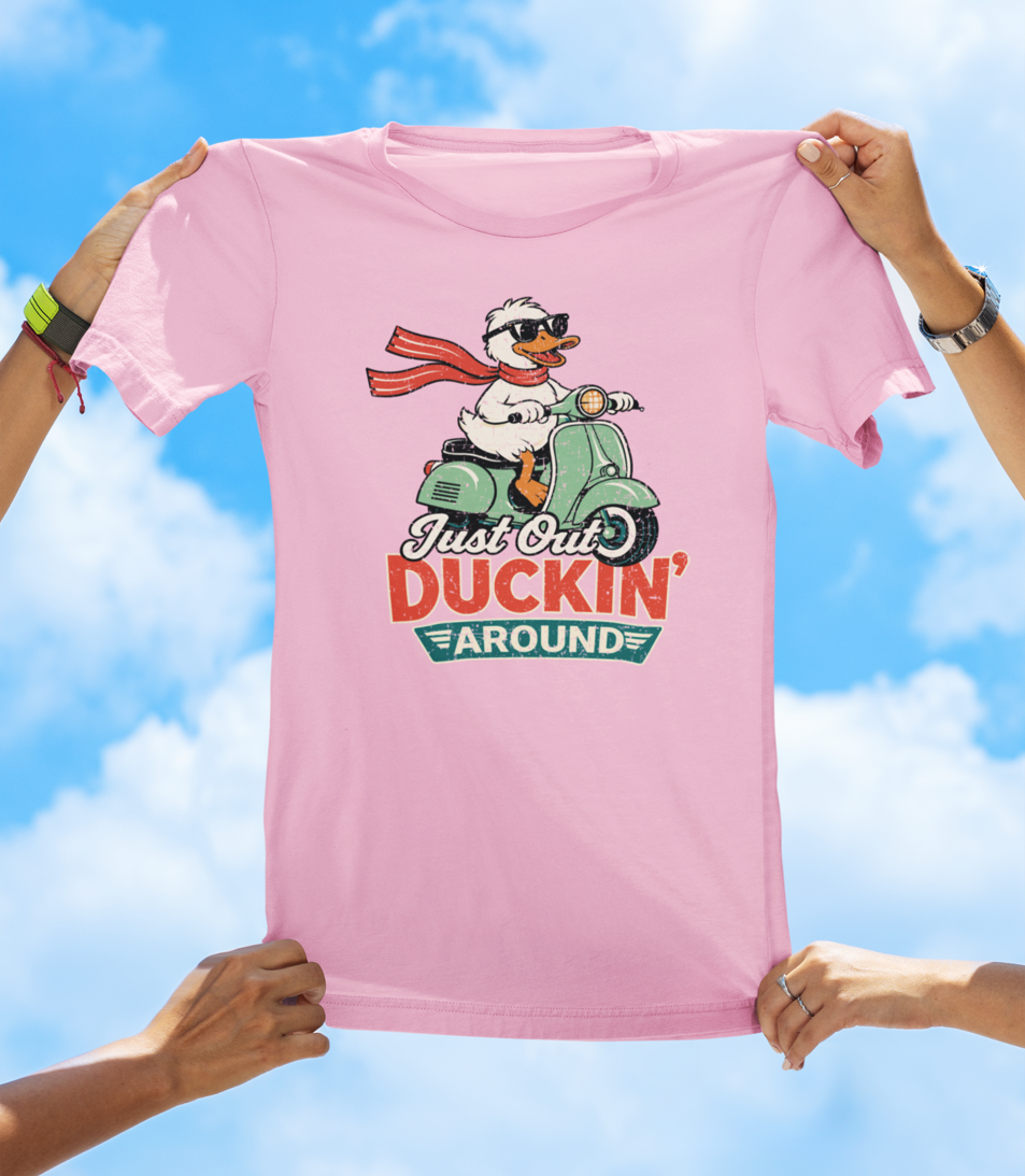 Just Out Duckin’ Around T-Shirt – Funny Duck Scooter Graphic Tee