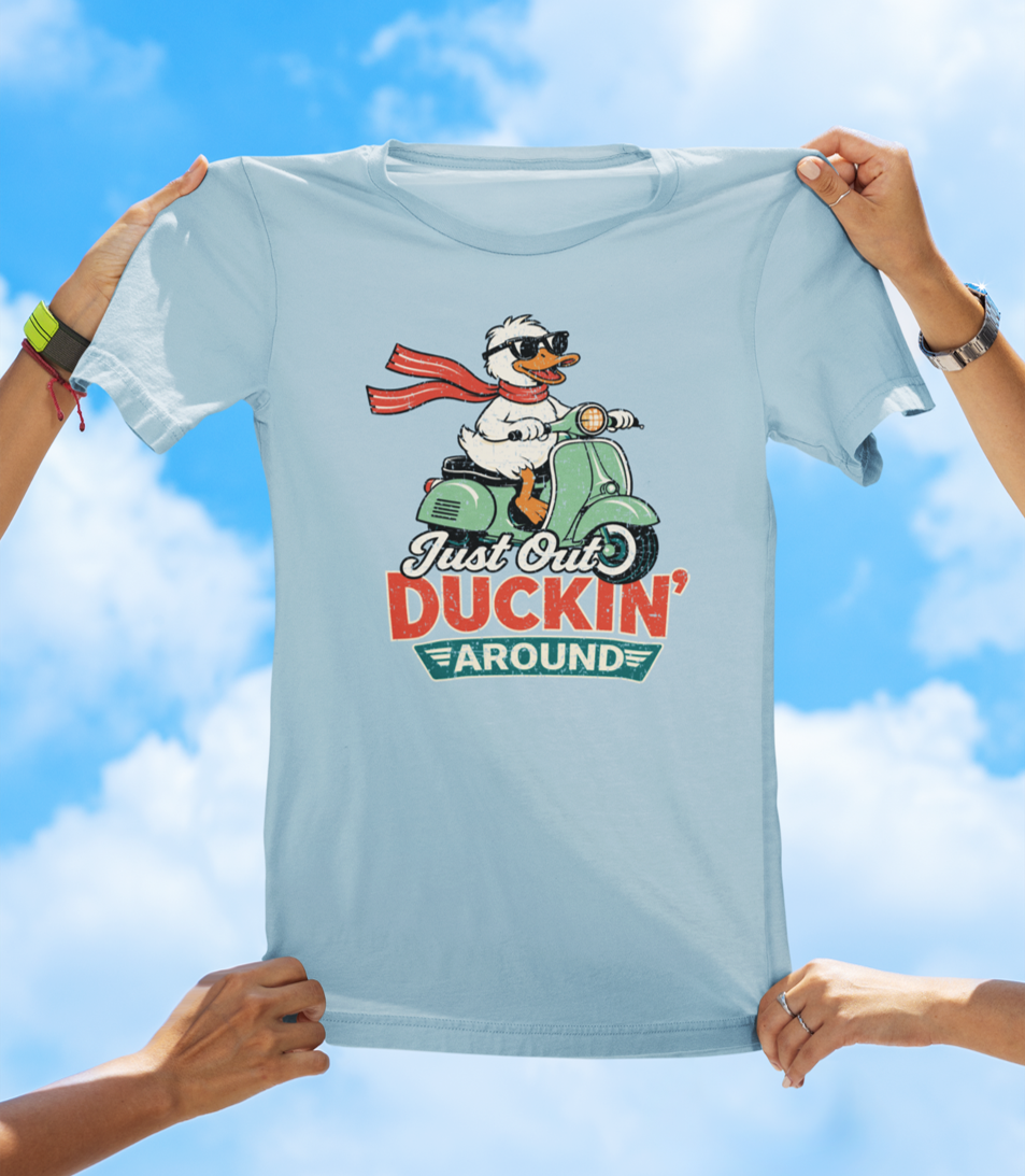 Just Out Duckin’ Around T-Shirt – Funny Duck Scooter Graphic Tee