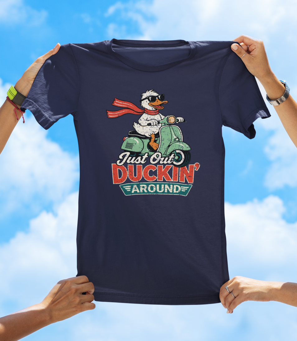 Just Out Duckin’ Around T-Shirt – Funny Duck Scooter Graphic Tee