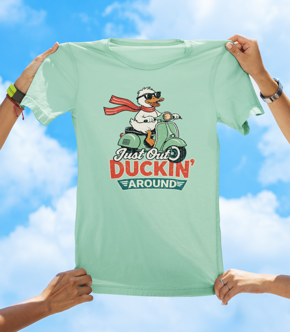 Just Out Duckin’ Around T-Shirt – Funny Duck Scooter Graphic Tee