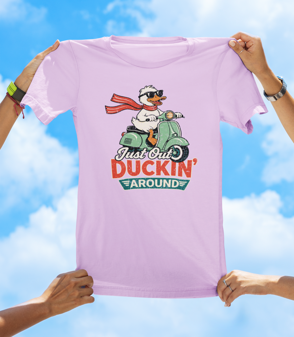Just Out Duckin’ Around T-Shirt – Funny Duck Scooter Graphic Tee