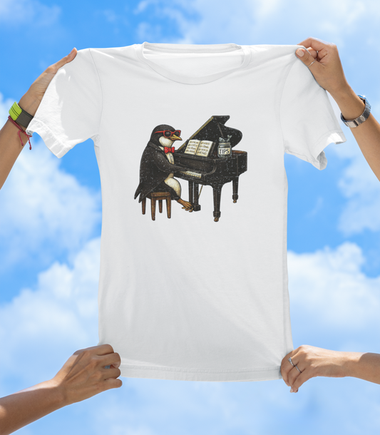 Penguin Playing Piano T-Shirt – Funny Music Lover Graphic Tee