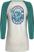 Load image into Gallery viewer, Lady Liberty 3/4 Raglan Heather Ladies T-shirt - The Southern Yankee